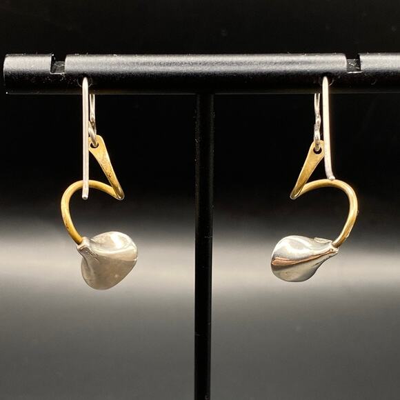 Vtg 925 Sterling Silver Gold Plate Calla Lily Flower Dangle Handmade Earrings - Picture 4 of 8